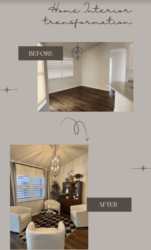 Home interior transformation — before: an empty room with dark wood floors; after: a styled living room with cream swivel chairs, a checkered rug, a globe pendant light, and a wood display cabinet